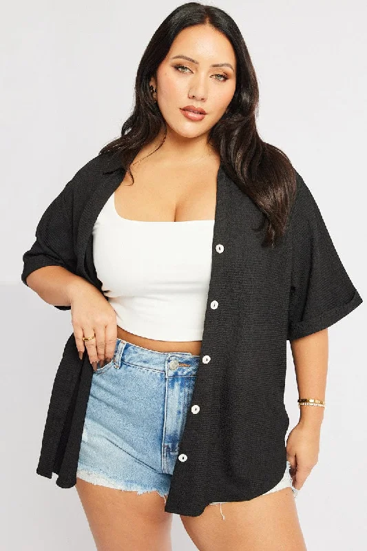 Black Relaxed Shirt Short Sleeve Textured